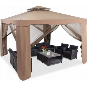 Pavillon Tonnelle de Jardin de 3x3M Autoportante avec Ornements 4 Rideaux de Moustiquaire Polyester 300 x 300 x 200/265 cm Marron - Costway