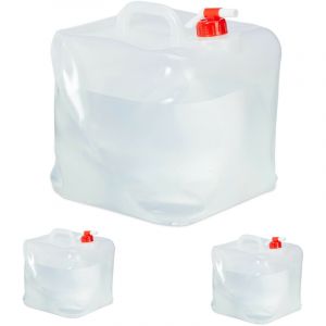 Relaxdays - Jerrican d'eau pliable, lot de 3, volume : 20 l, robinet, sans bpa, convient aux aliments, transparent/rouge