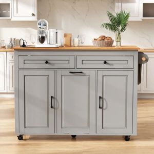 &Icirc;lot de Cuisine Mobile sur Roulettes - Avec 2 tiroirs-Zone de Repas Extensible- Plan de Travail- Compartiment pour Poubelle (Gris)