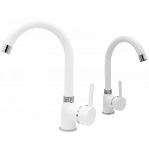 Mitigeur de cuisine granit BETA blanc mouchet&eacute; avec bec pivotant 360&deg; et t&ecirc;te c&eacute;ramique