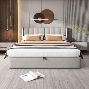 Lit coffre 140x190 cm lit adulte rembourré avec tête de lit réglable de l'angle, lampe led, port usb rechargeable, en cuir imperméable, gris clair,