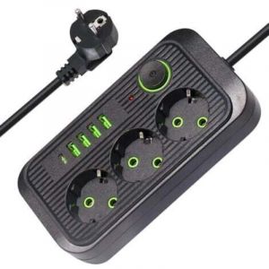 Multiprises 3 Prises, Multiprise avec Interrupteur, 4 Port USB A et 1 Port USB C, Bloc Multiprise Parafoudre et Surtension, C&acirc;ble 2M, 10A 2500W, pour