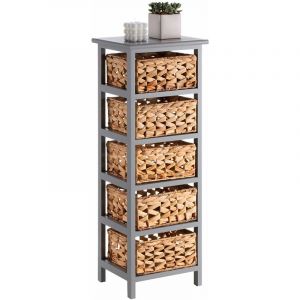 Chiffonnier ARBO en bois de paulownia gris, 5 paniers en jacinthe d'eau