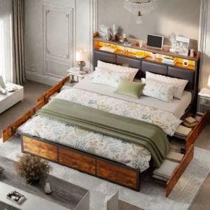 Lit avec tiroirs 140x200cm - avec 4 tiroirs, tête de lit avec éclairage LED, sommier en métal, lit adulte style industriel, simili cuir - Noir