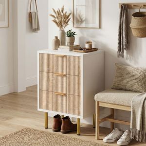 Lot de 2 commode 3 tiroirs, commode 40cm, commode chambre, design stri&eacute; bois et blanc, pieds dor&eacute;s, meuble de rangement, pour chambre, salon, entr&eacute;e,