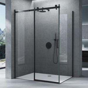Cabine de Douche en Angle Noir 90x140cm Montage R&eacute;versible avec Porte de Douche Coulissante Verre Tremp&eacute; esg Transparent avec Amortisseur Receveur de