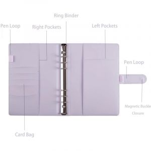 Classeur A5 en cuir PU, classeur &agrave; 6 anneaux, violet, 80 pages, 1 pi&egrave;ce, A5, 23,3 x 19 x 3 cm