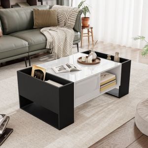 Table basse carré noire et blanche brillante, table de salon avec tiroir et 4 compartiments ouverts, 105x60x40,5 cm
