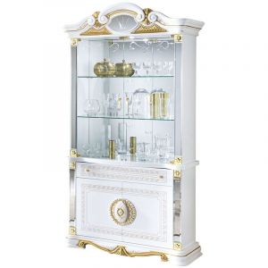 Vitrine 4 portes 1 tiroir bois vernis laqu&eacute; brillant blanc et dor&eacute; Lesly 105cm