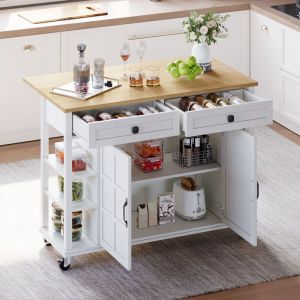 Desserte roulettes 120×40/65×89 cm, plateau pliable, 2 portes et 2 tiroirs, desserte de cuisine, meuble de rangement, mdf, blanc