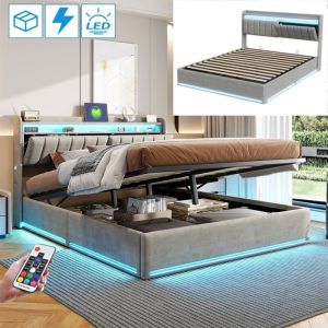 Lit coffre 140x190 cm, 2 places, avec LED, t&ecirc;te de lit de rangement, &eacute;tag&egrave;res, sommier &agrave; lattes en bois, cadre en m&eacute;tal, Lit capitonn&eacute; en velours