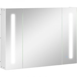 Armoire Salle de Bain avec Miroir, Meuble de Toilette Mural en MDF avec 3 Portes, 3 &Eacute;tag&egrave;res et &Eacute;clairage LED, 90x15x65 cm, Blanc