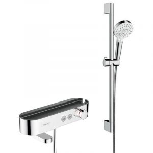 Hansgrohe Pack Mitigeur thermostatique bain/douche 400 avec tablette, bec d&eacute;verseur rotatif + Set de douche 2 jets, Chrome