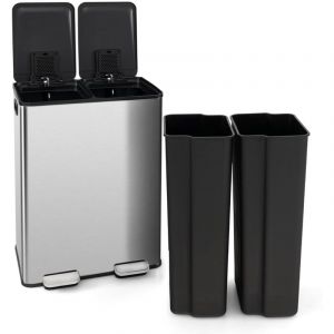 Goplus - Poubelle Tri 60L, Poubelle à Domicile avec 2 Compartiments 30L avec Ouverture Fermeture Douce, Compartiment Désodorisant Intégré et Cadre
