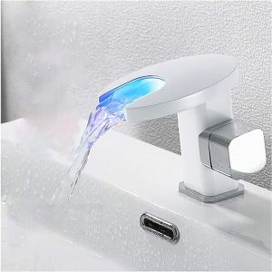 Ymyny - Robinet de lavabo cascade à led mitigeur salle de bain en laiton monté sur comptoir robinet de lavabo avec eau chaude et froide, blanc
