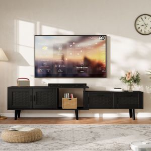 Meuble TV extensible en bois, 146 &agrave; 180 cm, meuble TV 180 cm, avec 2 portes et tiroirs en rotin tress&eacute; de rangement, banc t&eacute;l&eacute; style rustique - Noir