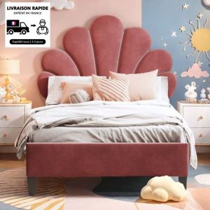 Lit simple capitonn&eacute; 90x200 cm,avec t&ecirc;te de lit fleurie, sommier &agrave; lattes, tissu velours, adapt&eacute; aux enfants, adolescents,Rouge haricots