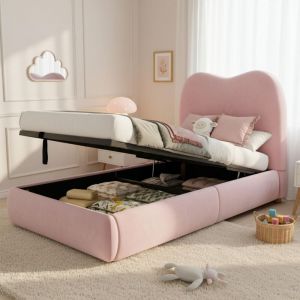 Lit enfant coffre 90 x 200 cm - Avec t&ecirc;te de lit capitonn&eacute;e - Rangement sous le lit - Rev&ecirc;tement en velours - Rose (matelas non inclus)