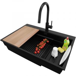 Primagran - Evier Cuisine en Granit 78x53cm, Lavabo 1 bac + Robinet 40x20cm + Kit de Vidage + Accessoires, Évier à Encastrer au meuble 80cm - Oslo
