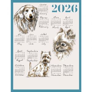 Torchon calendrier 2026 motif chiens coton Bleu 46x60 cm