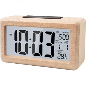 Réveil Digital Lumineux en Bois, LCD Grand Ecran Horloge Numérique, Reveil Matin Numerique avec Affichage Date Température, Réveil à Piles avec