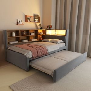 Lit enfant 90x200 cm avec lit gigogne 90x190 cm, &eacute;clairage LED, prises &eacute;lectrique, compartiments de rangement, sans matelas, gris fonc&eacute;