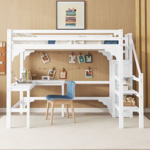 Lit enfant, lit mezzanine 140x200cm avec bureau en l, armoire ouverte, pin, Étagère de rangement pour escalier, sans matelas, blanc