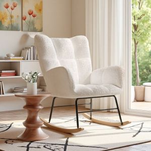 Fauteuil &agrave; bascule, avec accoudoirs, sherpa, pieds courb&eacute;s en bois massif, structure en m&eacute;tal, style scandinave, convient pour salon, chambre,