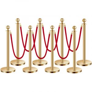 Poteau de guidage, 8 pcs, barriere de balisage pour controle de foules, avec base creuse, 6 cordes velours rouge et poteaux dores en acier