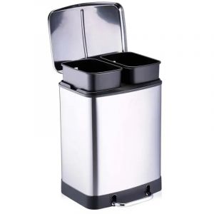 Poubelle &agrave; p&eacute;dale 2 bacs acier inox bross&eacute; argent&eacute; 2x12L