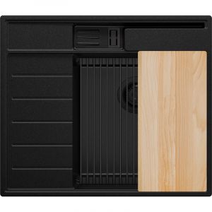 Primagran - Evier Cuisine en Granit 62x53cm, Lavabo 1 bac + Kit de Vidage + Accessoires, &Eacute;vier &agrave; Encastrer au meuble 45cm - Sydney Pocket, Tout Noir