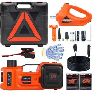 Sjlerst - Cric Hydraulique 5 tonnes 3 tonnes, 12V Cric &eacute;lectrique Voiture Kit (Port&eacute;e :15,5-45 cm) avec cl&eacute; &eacute;lectrique et gonfleur, pour Voiture