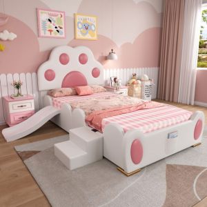 REDOM Lit enfant 90x200 cm avec toboggan et &eacute;chelle 2 marches, PU rose et blanc (Sans matelas)