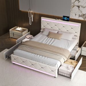 Lit 160x200 cm, lit double, lit adulte, avec 4 tiroirs, éclairage led, fonction de charge usb, velours, sommier à lattes, lit tiroir, lit jeune