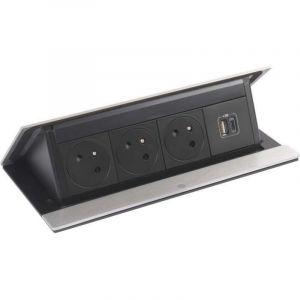 Bloc prise encastrable pop up &agrave; ouverture automatique - Version : 3 prises secteur + 1 USB A+C - Longueur : 235.6 mm - D&eacute;cor : Alu bross&eacute; - LEGRAND
