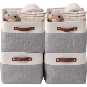 paniers de rangement pliables en tissu cationique robuste et pliable avec poign&eacute;es pour &eacute;tag&egrave;re pour chambre d'enfant ou penderie (Gris et blanc,