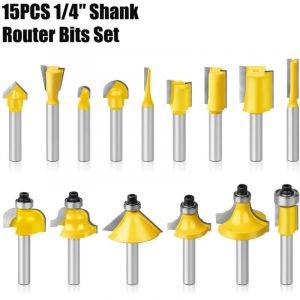 15 Pièces Fraise Defonceuse 1/4' poignée Fraise Bois Fraises à Rainurer Carbide Router Bits Fraise à Menuiserie Routeur Électrique