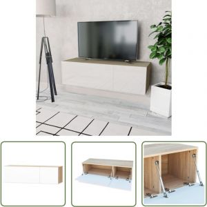The Living Store - Meuble tv bois d'ingénierie 120x40x34cm Chêne et blanc brillant - Meuble Tv - Meuble Audio - Armoire Tv - Rangement Tv - Télévision
