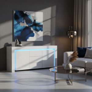 URBAN MEUBLE Buffet blanc laqu&eacute; brillant avec &eacute;clairage LED 2 portes 3 tiroirs 140x40x65cm