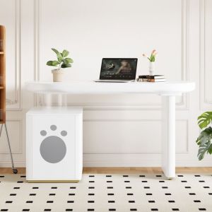 Bureau avec Niche Int&eacute;gr&eacute;e pour Chien/Chat - Design 2-en-1 Blanc Laqu&eacute; - 117x50x76 cm