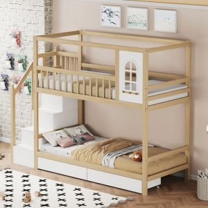 Lit superposé 90x200 cm, lit enfant 2 places avec tiroirs, échelle de rangement et barrières, en bois massif, couleur naturel, sans matelas