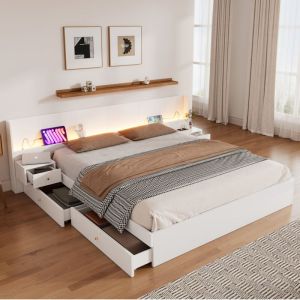 Lit 180x200 cm avec tiroirs, lit bois 180x200 cm, lit adulte avec interface usb, led, prise, 2 tables de chevet, sans matelas, blanc