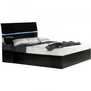Lit moderne bois noir laqu&eacute; et t&ecirc;te de lit noire laqu&eacute;e avec led Mona-140x190