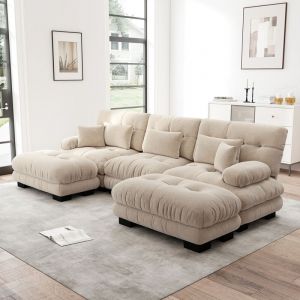 Canap&eacute; nuage extra-large en forme de U, canap&eacute;-lit convertible avec repose-pieds, chenille- Beige