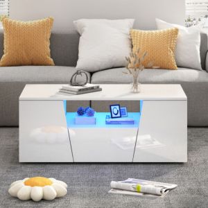 Table basse blanche brillante avec lumi&egrave;re LED, 2 armoires et 1 tiroir, 100x50x40 cm