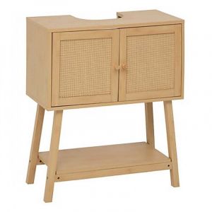 Meuble sous lavabo en cannage avec 2 portes et 1 &eacute;tag&egrave;re, coloris ch&ecirc;ne - Longueur 70 x Profondeur 30 x Hauteur 80 cm
