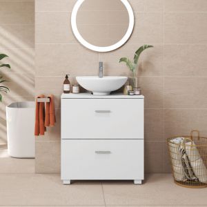 Armoire de Salle de Bain, Meuble sous Vasque avec Pieds Hauts, 2 Tiroirs Spacieux, pour Lavabo, Blanc