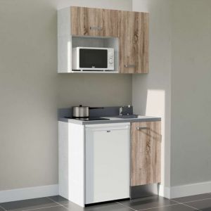 Kitchenette K00L - 100 cm - plan monobloc &eacute;vier int&eacute;gr&eacute; Cromo- &eacute;vier &agrave; droite - Fa&ccedil;ades Bois + Electrom&eacute;nager inclus coloris Blanc