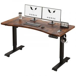 140x76cm Bureau Assis Debout Électrique-Bureau Ergonomique Courbé Standing Desk Réglable, 69-115cm Avec 4 Claviers à Mémoire Automatique,Marron/Noir