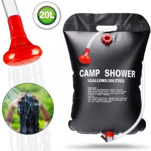 Sac de Douche Solaire Camping - 20L Sac de Douche Portatif Solaire Chauffe pour Douche avec Tuyau Amovible et Pomme de Douche Commutable